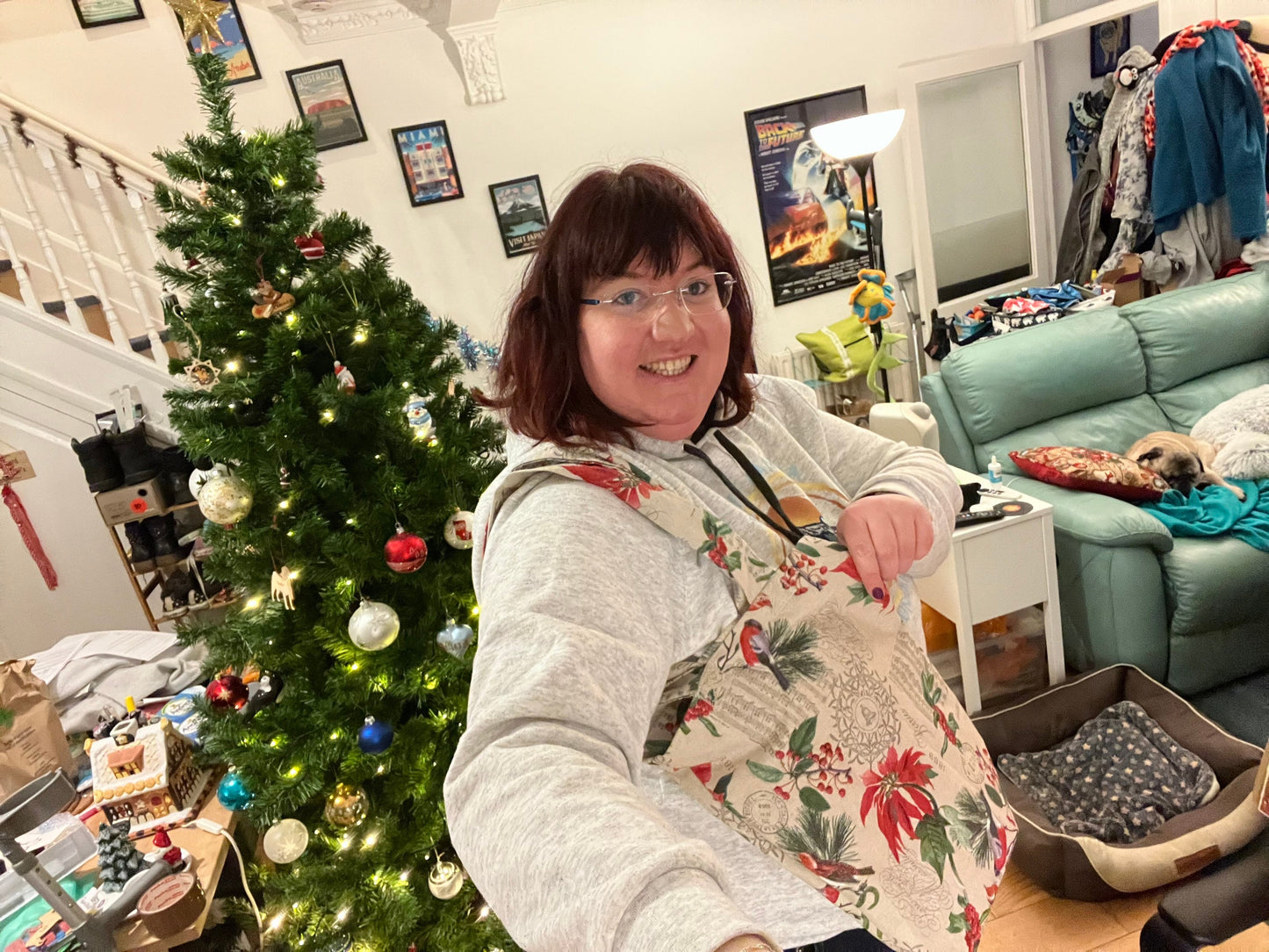 Christmas tote bag • robins • poinsettia • cranberries • sheet music • holidays • Xmas