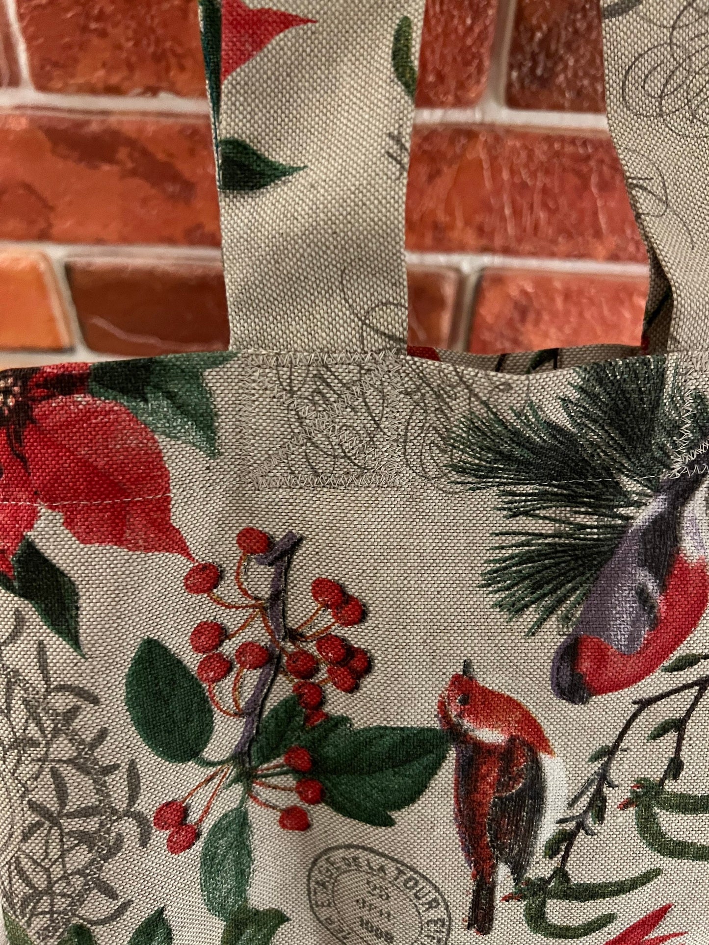 Christmas tote bag • robins • poinsettia • cranberries • sheet music • holidays • Xmas